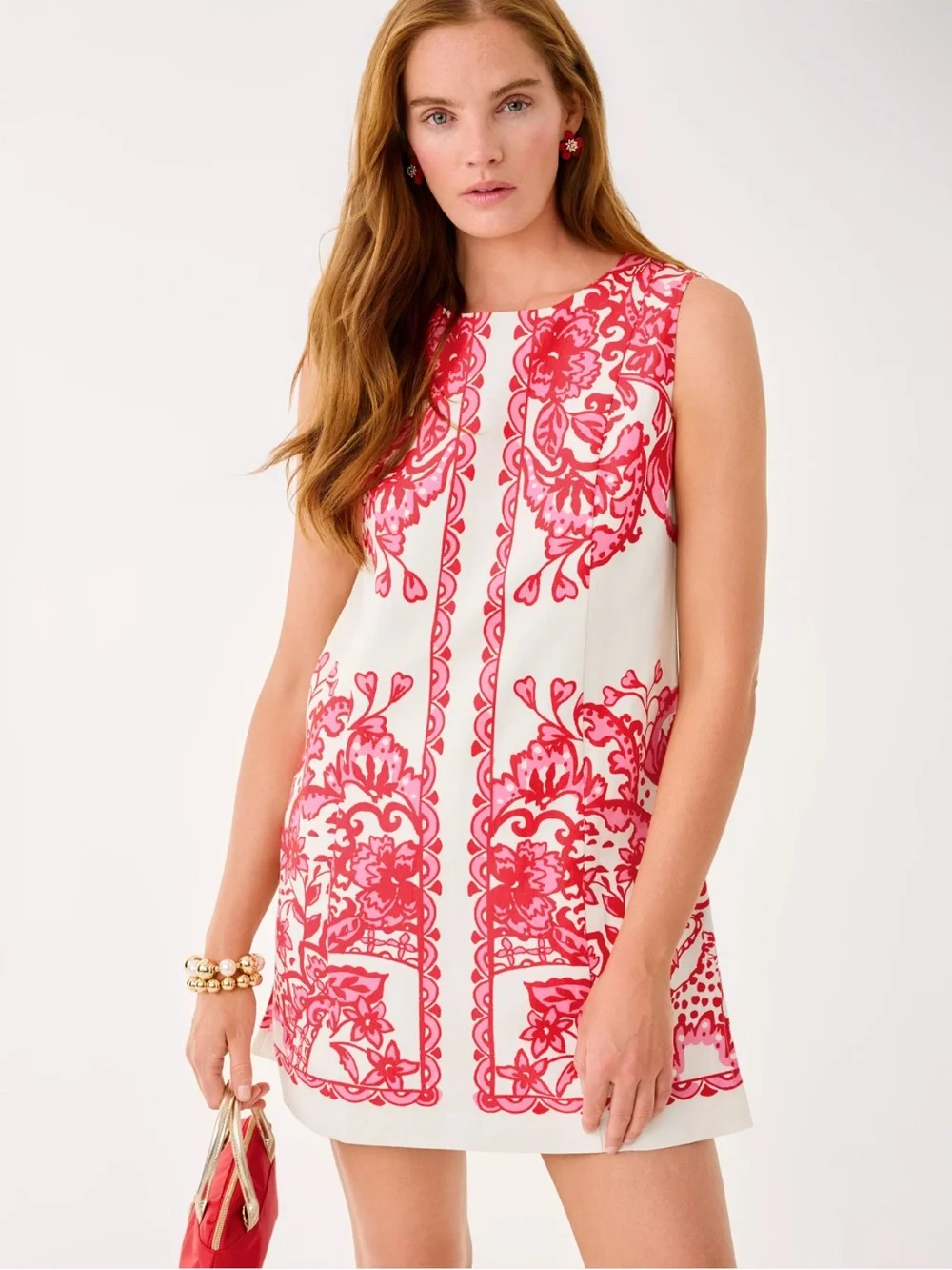 Lilly Pulitzer White Romper with Coral-Pink Floral Scroll Print